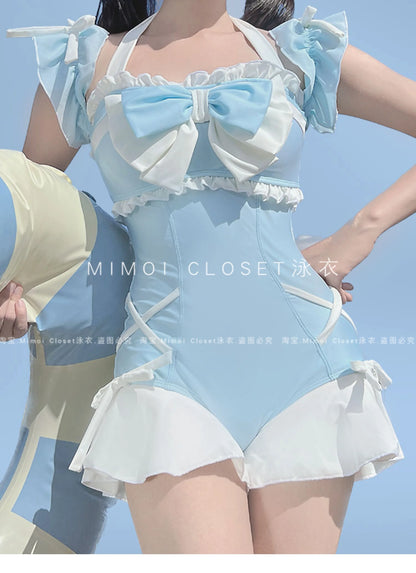Japanese Lolita Girls Bow Cute Water Blue Swimsuit Hot Spring Bathing Swimwear Japanese Style Women One Peice Swimming Suit