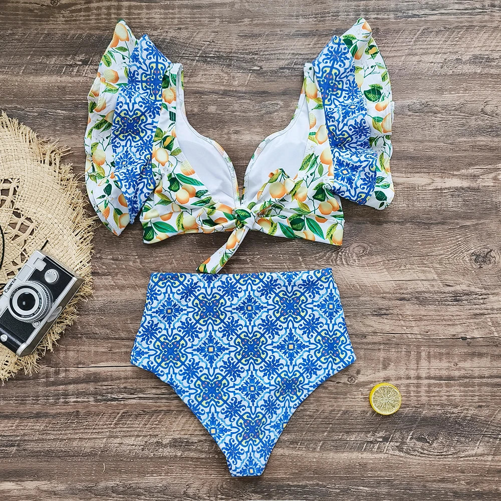 New Sexy Brazilian Bikini Set Ruffle Swimwear Women Push Up Swimsuit High Waist Print Floral Bathing Suit Biquini Female
