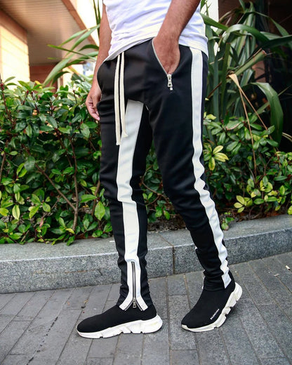Mens Training Pants Plaid GYM Track Sweatpants Grey Joggers Breathable Stripe Fitness Male Running Sport Trousers Zipper Pockets