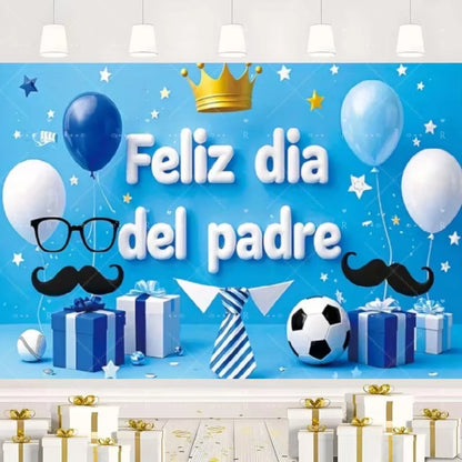 Happy Father's Day Family Party Decoration Background Feliz Día del Padre Golden Blue Balloon Backdrop for Man Tuxedo I Love Dad