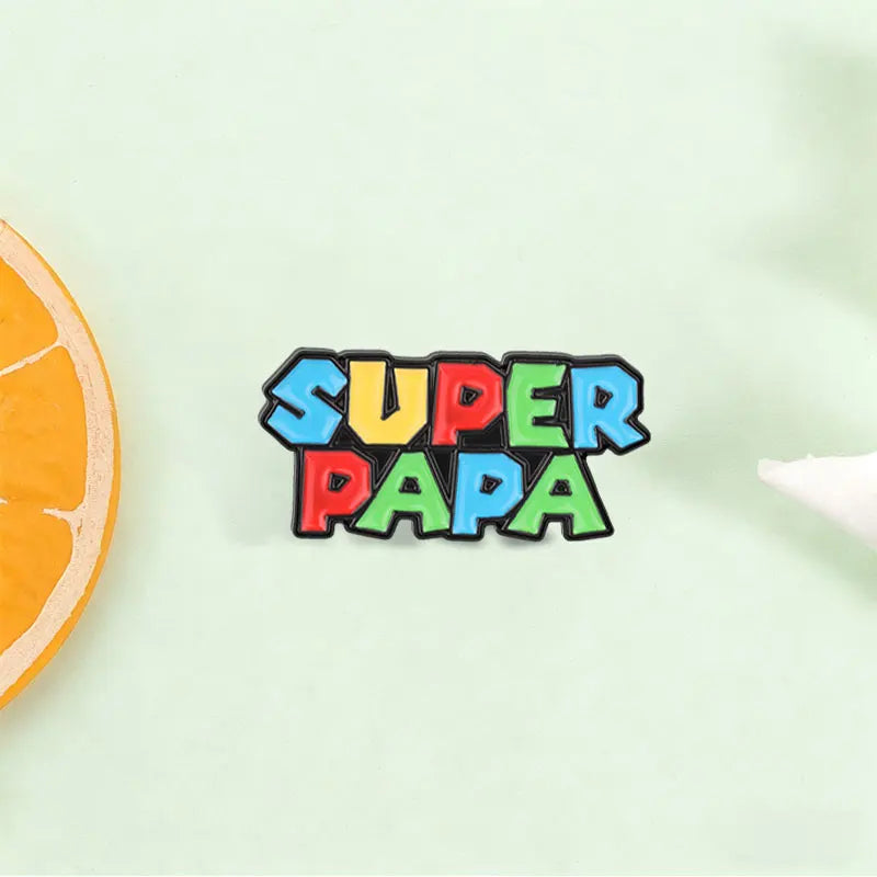 Super Papa Cartoon Enamel Pin Retro Video Game Colorful Block Letter Brooch Bag Lapel Badge Father's Day Jewelry Gift for Dad
