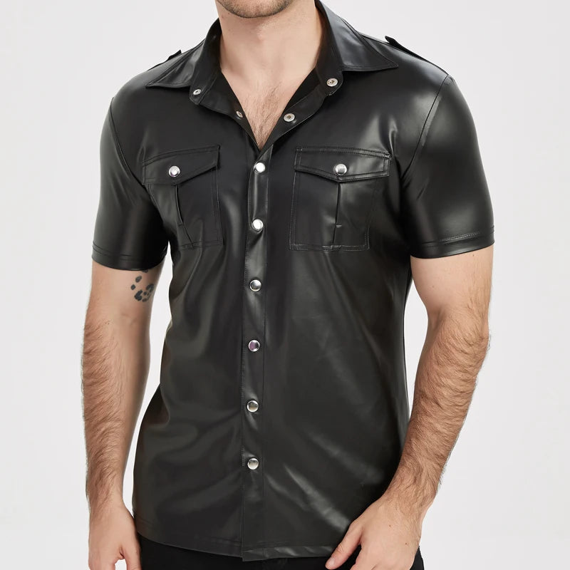 Men's PU leather shirts elastic short sleeve superior quality