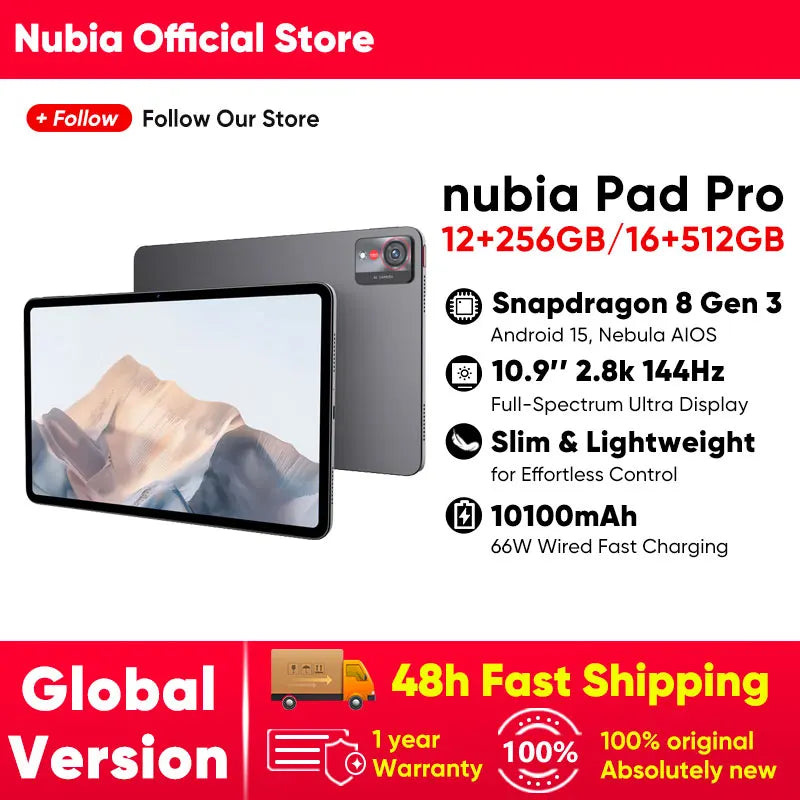 nubia Pad Pro Global Version  WIFI Snapdragon 8 Gen 3 10100mAh Battery 66W Fast Charge Tablet 10.9'' 2.8K 144Hz Display