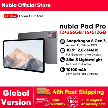 nubia Pad Pro Global Version  WIFI Snapdragon 8 Gen 3 10100mAh Battery 66W Fast Charge Tablet 10.9'' 2.8K 144Hz Display