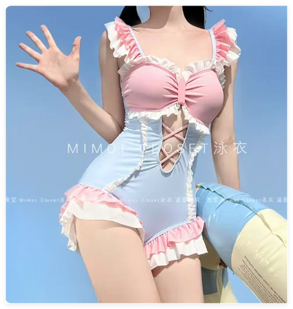 Japanese Lolita Girls Bow Cute Water Blue Swimsuit Hot Spring Bathing Swimwear Japanese Style Women One Peice Swimming Suit