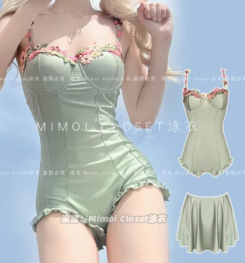 Japanese Lolita Girls Bow Cute Water Blue Swimsuit Hot Spring Bathing Swimwear Japanese Style Women One Peice Swimming Suit