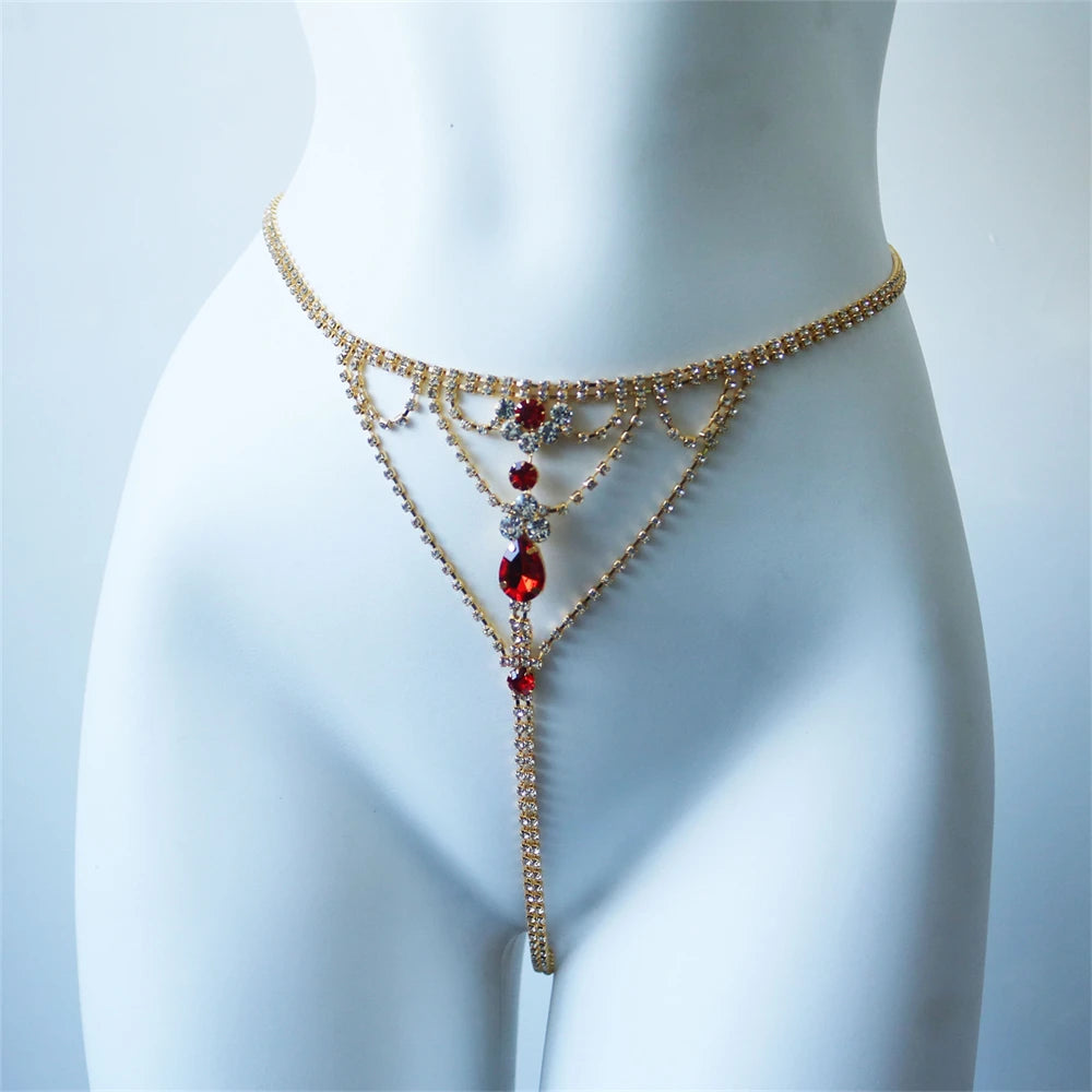 Europe America Ruby Red Mixed White Bikini Body Chain Trendy Summer Rhinestone Nail Pants Waist Chain Underwear Accessories