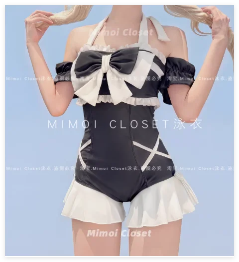 Japanese Lolita Girls Bow Cute Water Blue Swimsuit Hot Spring Bathing Swimwear Japanese Style Women One Peice Swimming Suit