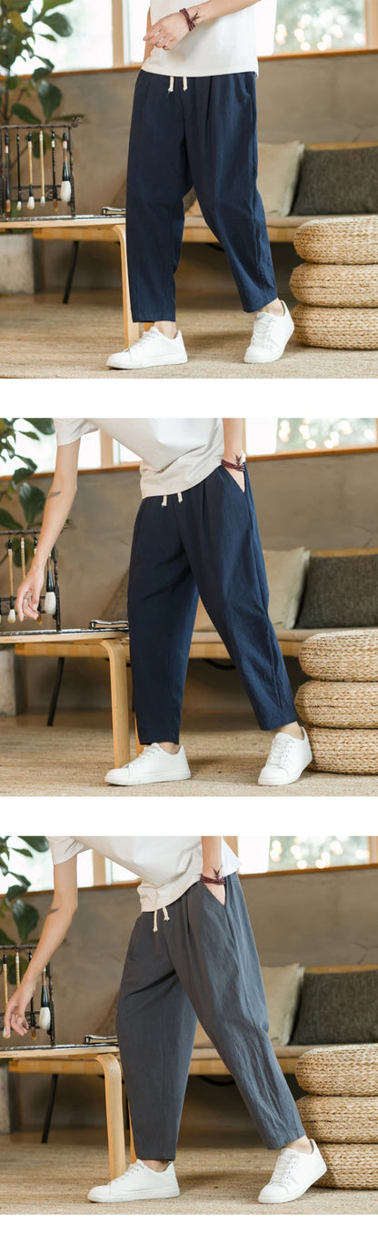 Men's Trousers Cotton Linen Fashion Casual Pants Solid Color Breathable Loose Shorts Straight Drawstring Pants Streetwear Men