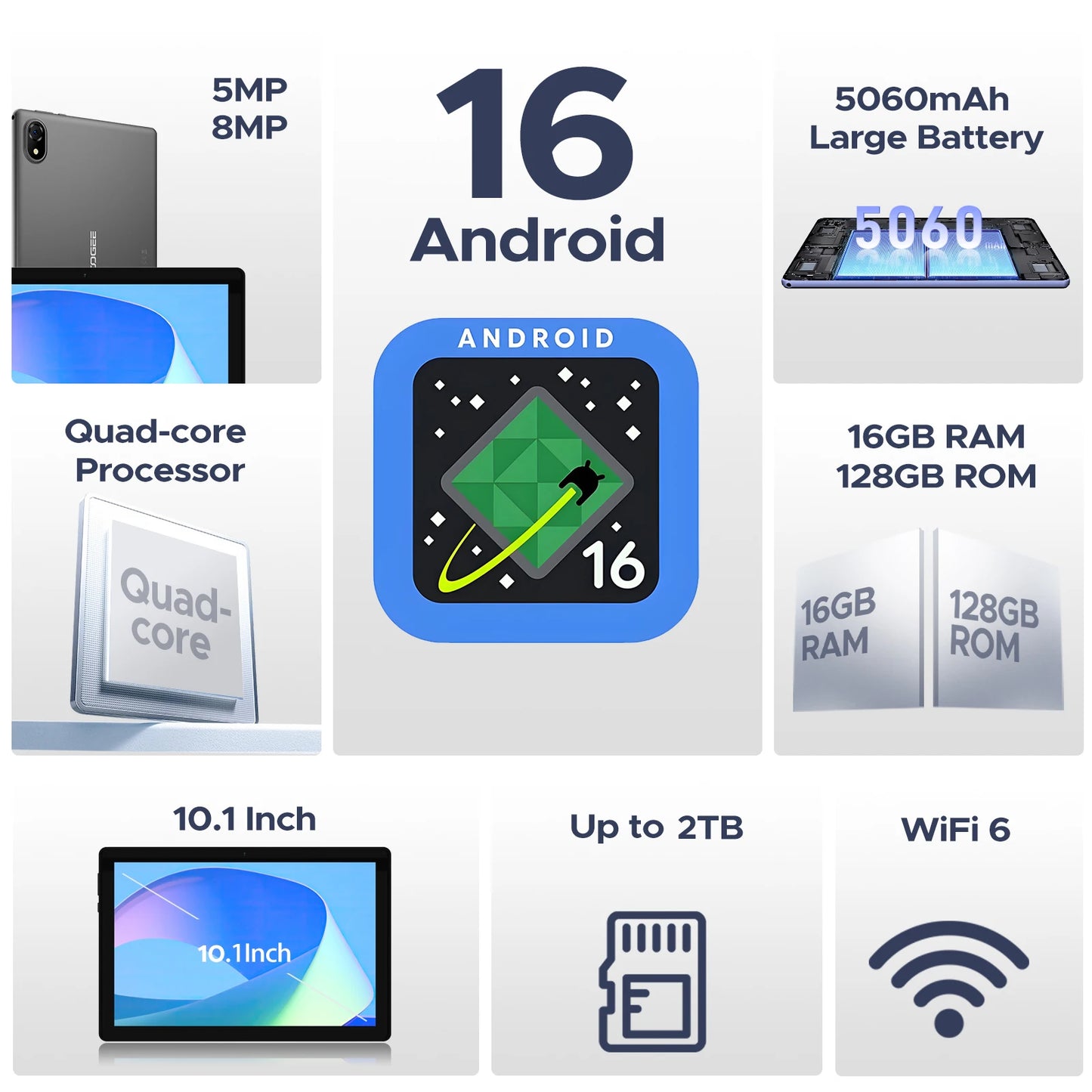 DOOGEE U10 Tablet 10.1" HD Display Android 16 16GB RAM 128GB ROM 5060mAh Large Battery Widevine L1 WiFi6 8MP+5MP Pad PC