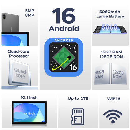 DOOGEE U10 Tablet 10.1" HD Display Android 16 16GB RAM 128GB ROM 5060mAh Large Battery Widevine L1 WiFi6 8MP+5MP Pad PC