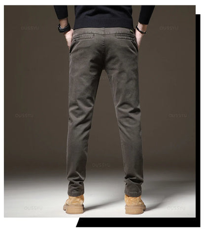 Autumn Winter High Quality Pants Men Elastic Waist Slim Coffee Twill Brand Clothing Thick Cargo Trousers Male Plus Size 28-38