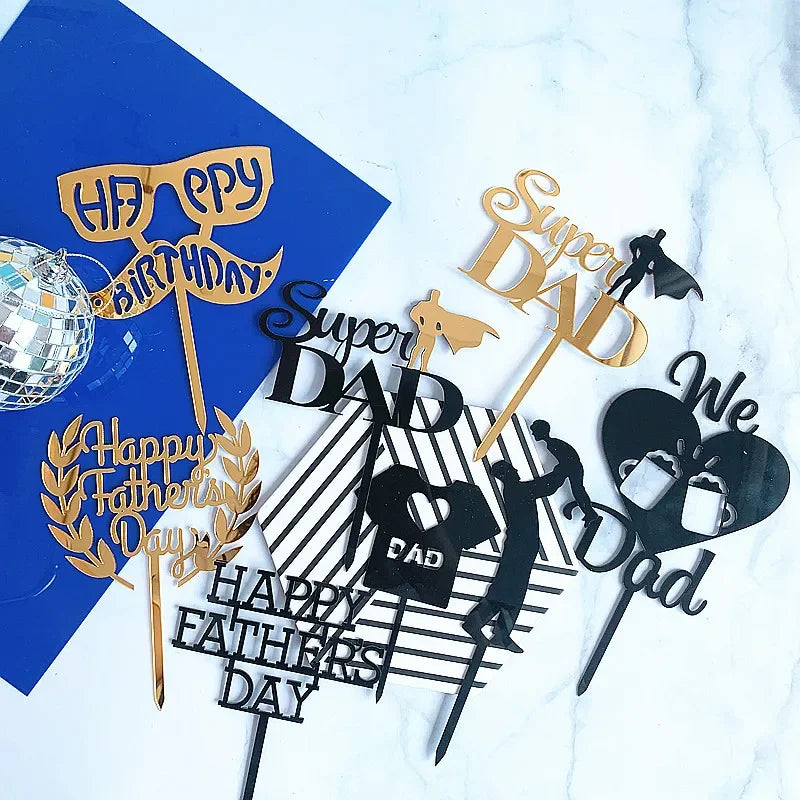 New Dad's Happy Birthday Cake Topper Golden Beer Super Dad High-grade Acrylic Father's Day Party Cake Toppers Dessert Decoration