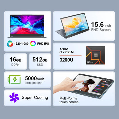 Ninkear YBOOK15 2 in 1 Laptop 360° flip 15.6' FHD IPS Touch Screen Tablet AMD Ryzen™ 3 3200U 16G DDR4+512GB SSD Windows 11 Pro