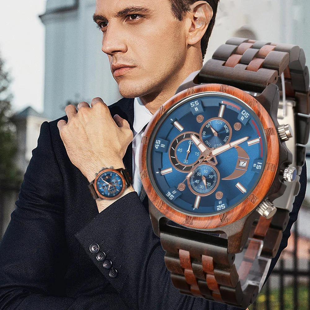 Wooden Wrist Watches For Men Fashion Quartz Wristwatches With Clock Date Week Timepieces Wood Wach Box for Him reloj hombre