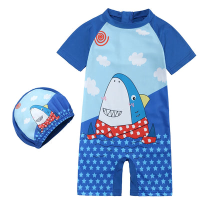 2025 Toddler Children Swimwear Suit Print UV Kids Boys Girls Summer Beach Clothes 2Pcs Cap+Bathing Swimming Diving Swimsuit