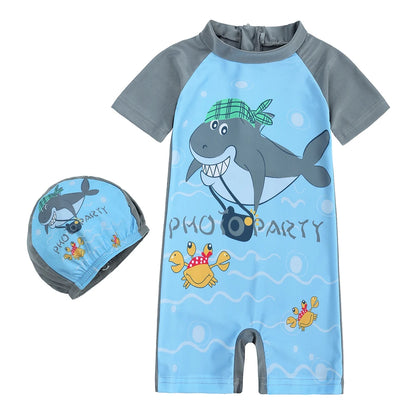 2025 Toddler Children Swimwear Suit Print UV Kids Boys Girls Summer Beach Clothes 2Pcs Cap+Bathing Swimming Diving Swimsuit