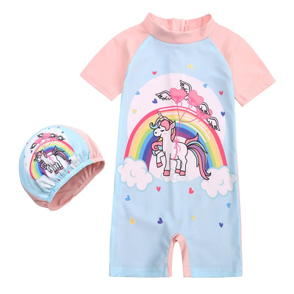 2025 Toddler Children Swimwear Suit Print UV Kids Boys Girls Summer Beach Clothes 2Pcs Cap+Bathing Swimming Diving Swimsuit
