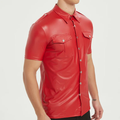 Men's PU leather shirts elastic short sleeve superior quality
