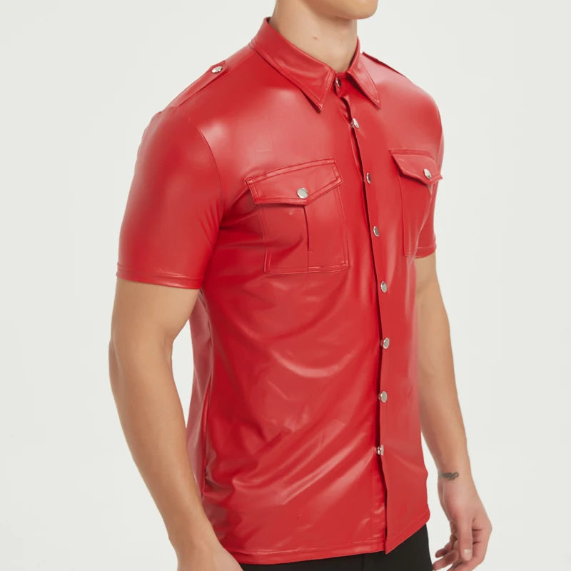 Men's PU leather shirts elastic short sleeve superior quality