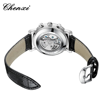 Watches For Men Leather Sweeping Second See-through Quartz Movement Waterproof Moon Phase Chronograph Wristwatch Men's Watch