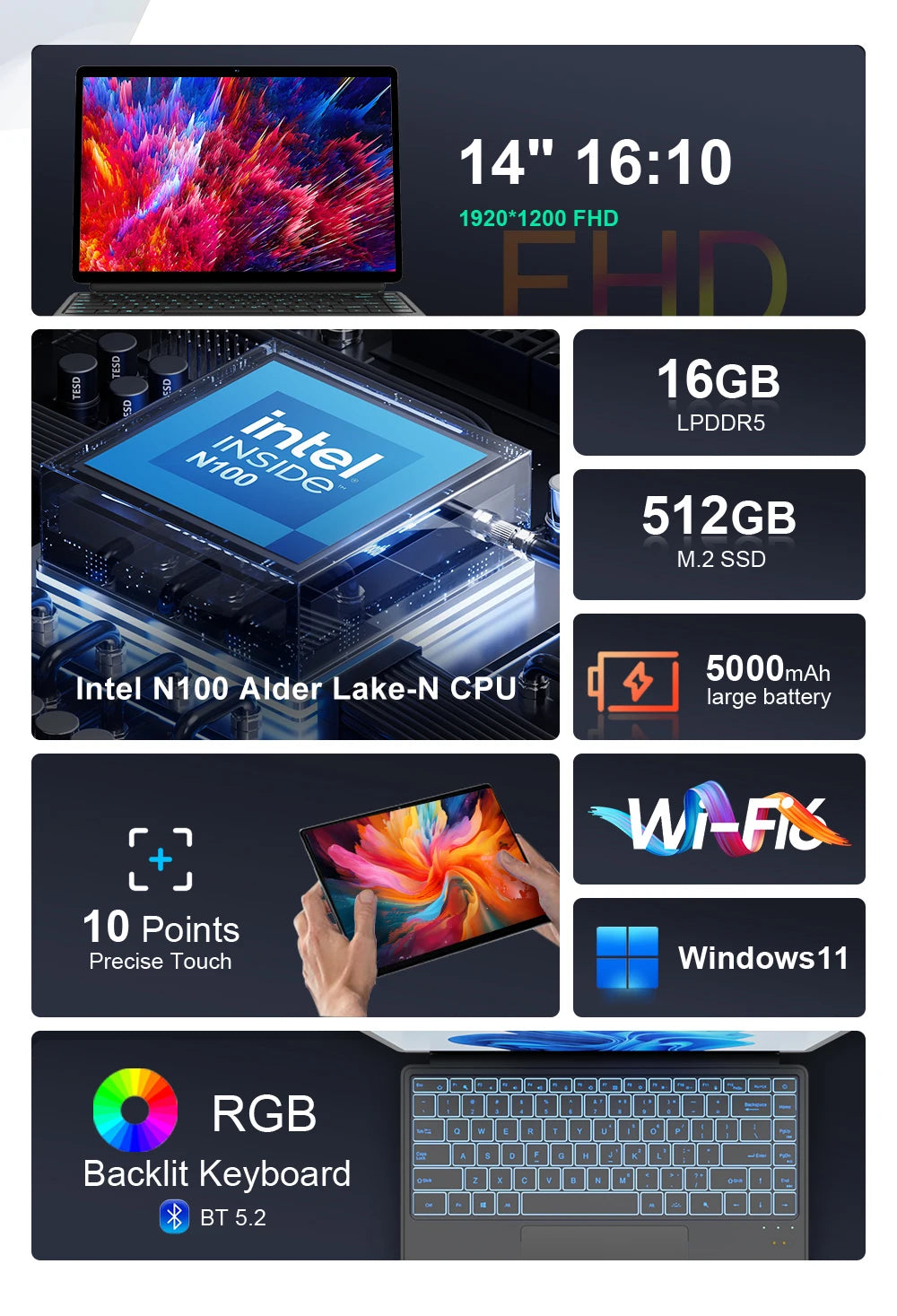 Ninkear T40 Laptop Touchscreen 2 in 1 Tablet Intel N100 14 Inch Fhd 16Gb Ddr5+512Gb Ssd Wifi 6 Rgb Backlit Keyboard with Stylus
