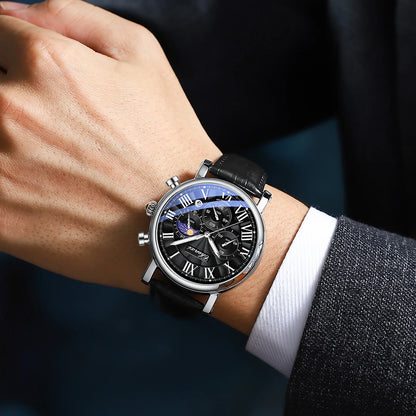 Watches For Men Leather Sweeping Second See-through Quartz Movement Waterproof Moon Phase Chronograph Wristwatch Men's Watch
