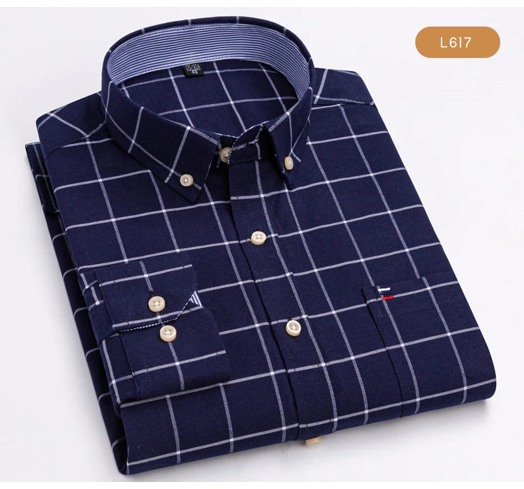 Men's Oxford Long Sleeve Shirt 100% Cotton Wrinkle Resistant & Breathable, Solid Plaid Striped Comfort Casual Button-down Shirts