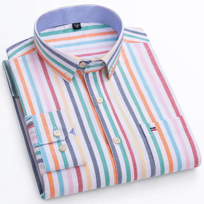 Men's Oxford Long Sleeve Shirt 100% Cotton Wrinkle Resistant & Breathable, Solid Plaid Striped Comfort Casual Button-down Shirts
