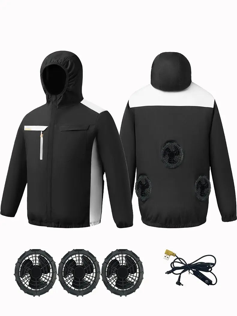 Summer Cooling Jacket Men Hooded Fan Jacket Heat Resistant Fan Air Conditioner Clothes Breathable Outdoor Fishing Fan Workwear
