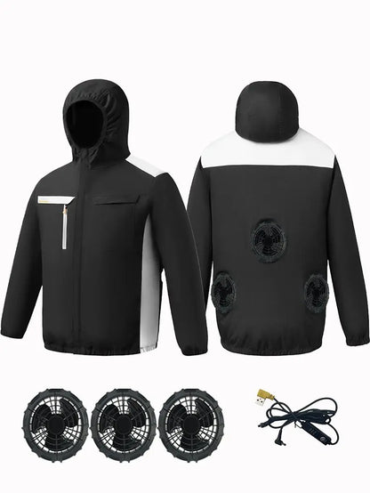Summer Cooling Jacket Men Hooded Fan Jacket Heat Resistant Fan Air Conditioner Clothes Breathable Outdoor Fishing Fan Workwear