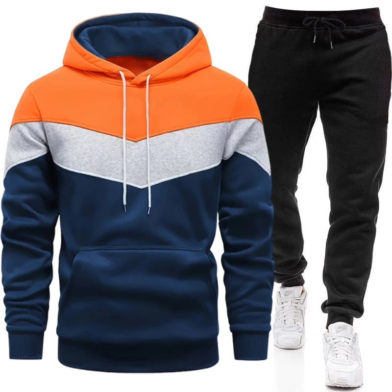 Autumn Winter Fashion Tracksuit Tricolor Hoodies and Black Sweatpants High Quality Male Daily Casual Sports Hooded Jogging Suit