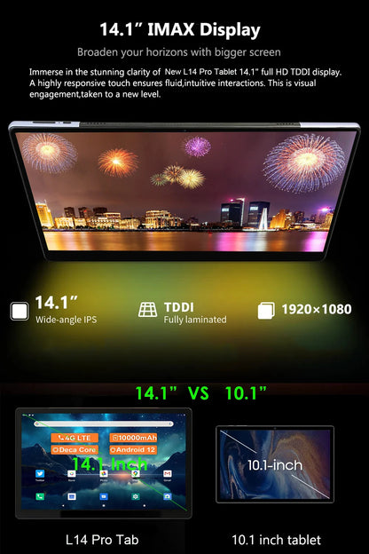 Global Version 14 Inch 1920x1080 IPS Big Screen Tablet PC 5+13MP Camera 12+256GB Deca-Core планшет 2 IN 1 Tablets Android Laptop