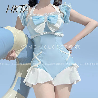 Japanese Lolita Girls Bow Cute Water Blue Swimsuit Hot Spring Bathing Swimwear Japanese Style Women One Peice Swimming Suit