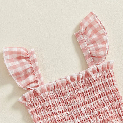 2025 Baby Girl Clothes Girl Cotton Overalls Ruffle Sleeve Strappy Gingham Checkered Romper Casual Loose Pants Outfit 0-4Y
