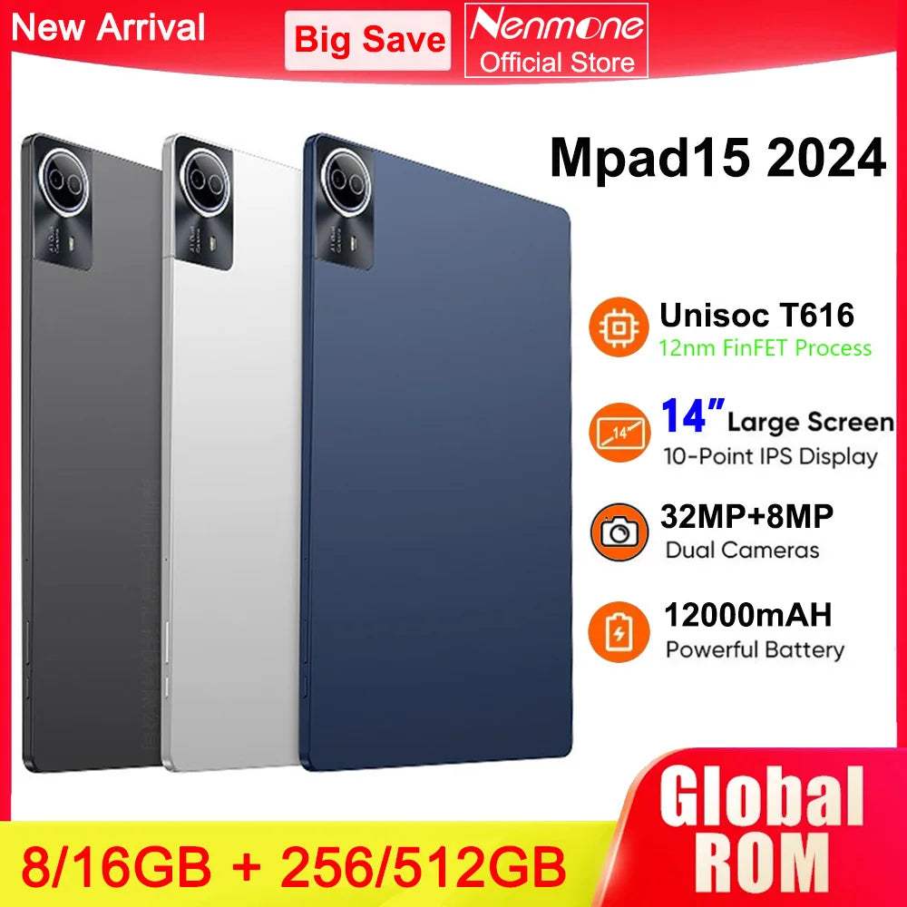 Mpad15 14 Inch Big Screen Android 15 Tablet PC 16gb+512GB Phone Call 5G WIFI Kids Pad tablet For Educational Online Class