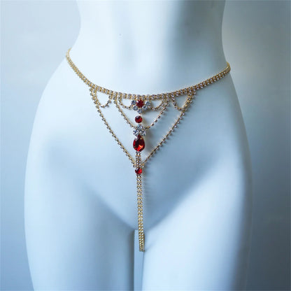 Europe America Ruby Red Mixed White Bikini Body Chain Trendy Summer Rhinestone Nail Pants Waist Chain Underwear Accessories