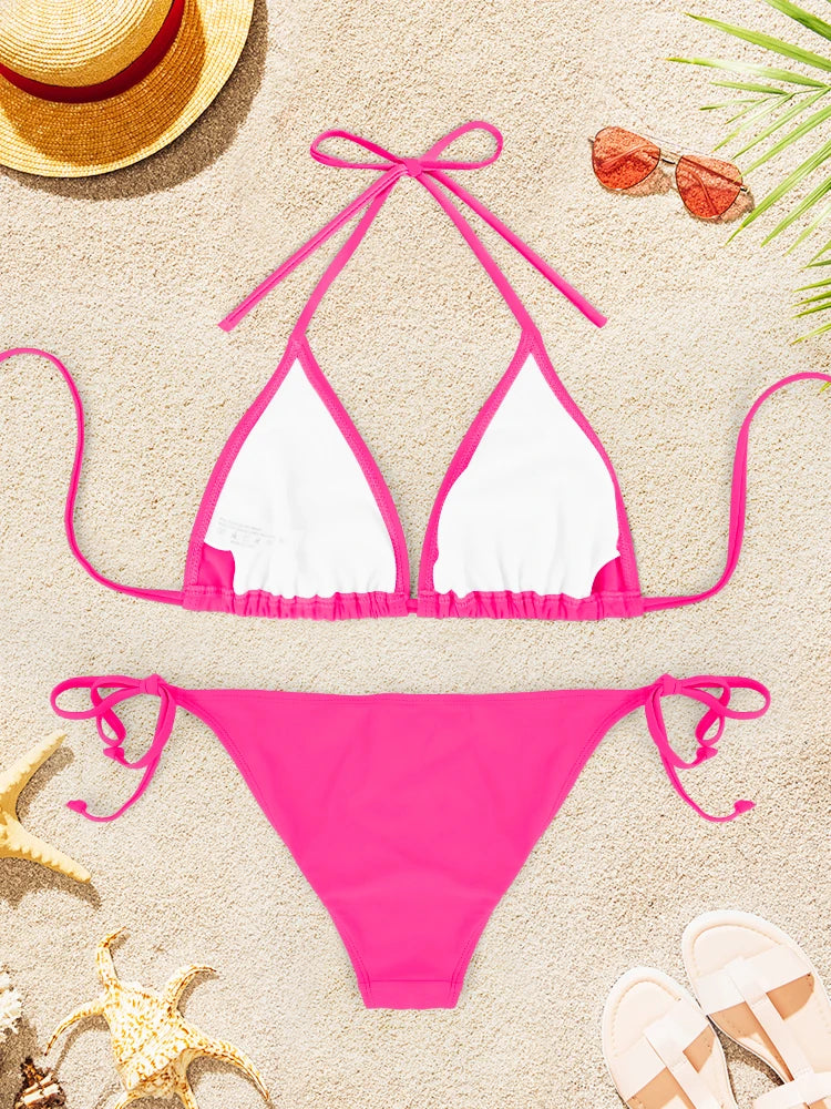 2Pcs Sexy Bikini Swimsuit For Women Solid Color Swimwear Summer Bathing Suits Females Backless Beachwear Halter Swimwear