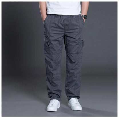 Big Size Men's Cargo Trousers Straight Leg Work Pant Men Loose Fit Cotton Summer Wide Overalls Male Side Multi Pocket Large Size