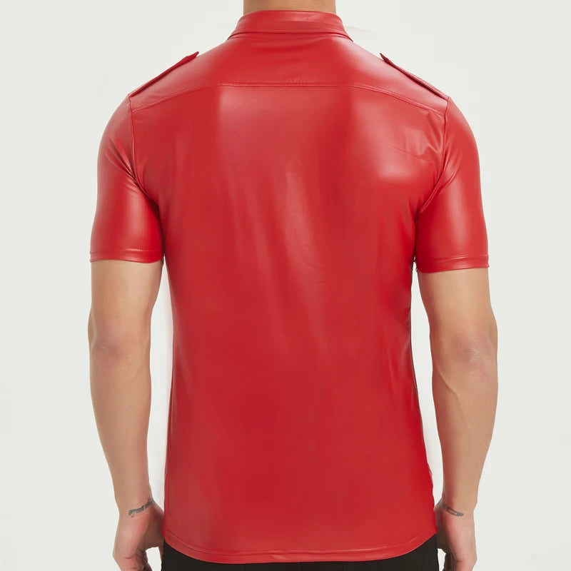 Men's PU leather shirts elastic short sleeve superior quality