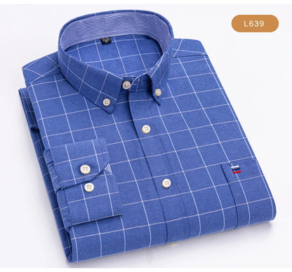 Men's Oxford Long Sleeve Shirt 100% Cotton Wrinkle Resistant & Breathable, Solid Plaid Striped Comfort Casual Button-down Shirts