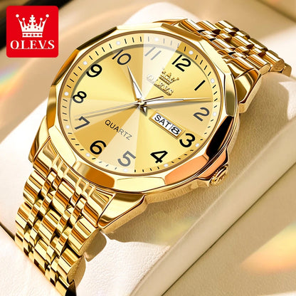OLEVS Men's Watches Luxury Fashion Fine Steel Strap Top Brand Original Quartz Wristwatch for Man Rhombus Mirror Waterproof Date