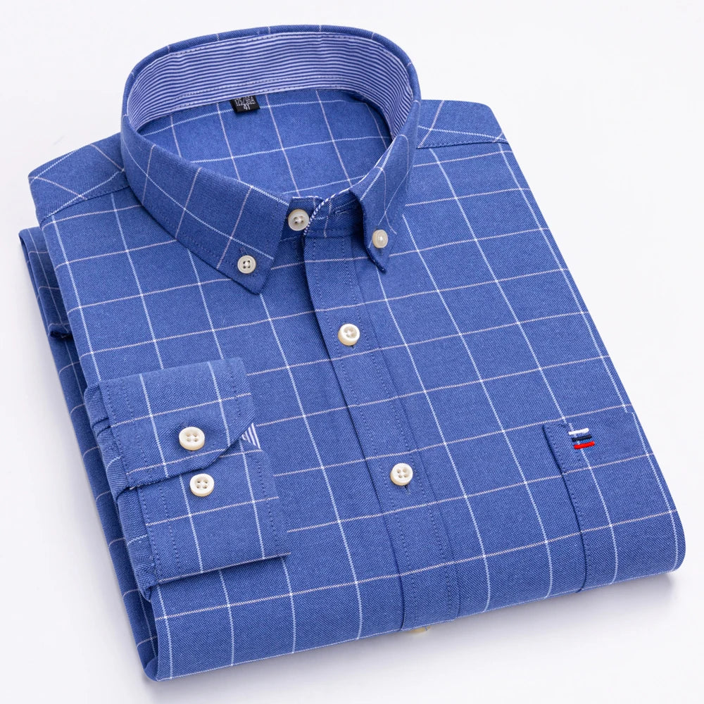 Men's Oxford Long Sleeve Shirt 100% Cotton Wrinkle Resistant & Breathable, Solid Plaid Striped Comfort Casual Button-down Shirts