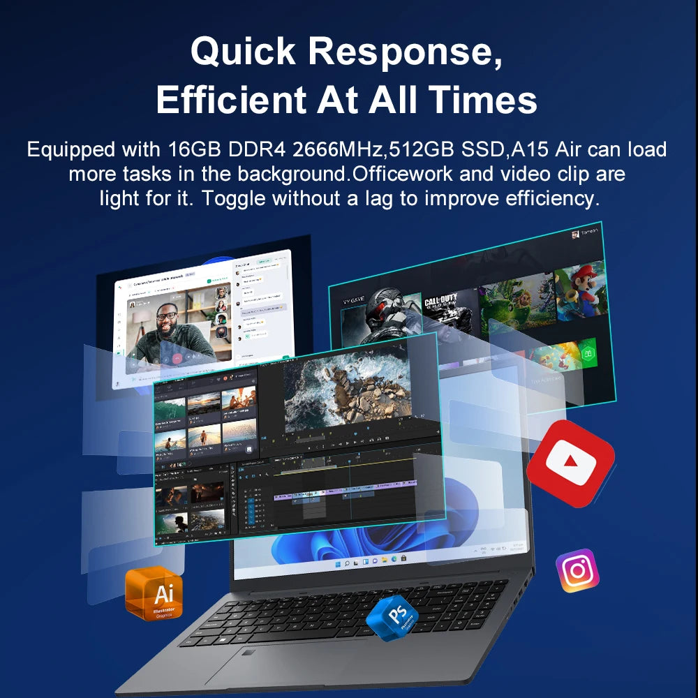 Ninkear A15 Air Laptop AMD Ryzen™ 3 3200U 16GB DDR4+512GB SSD 15.6 Inch FHD IPS Screen 180° Opening and Closing Office Notebook