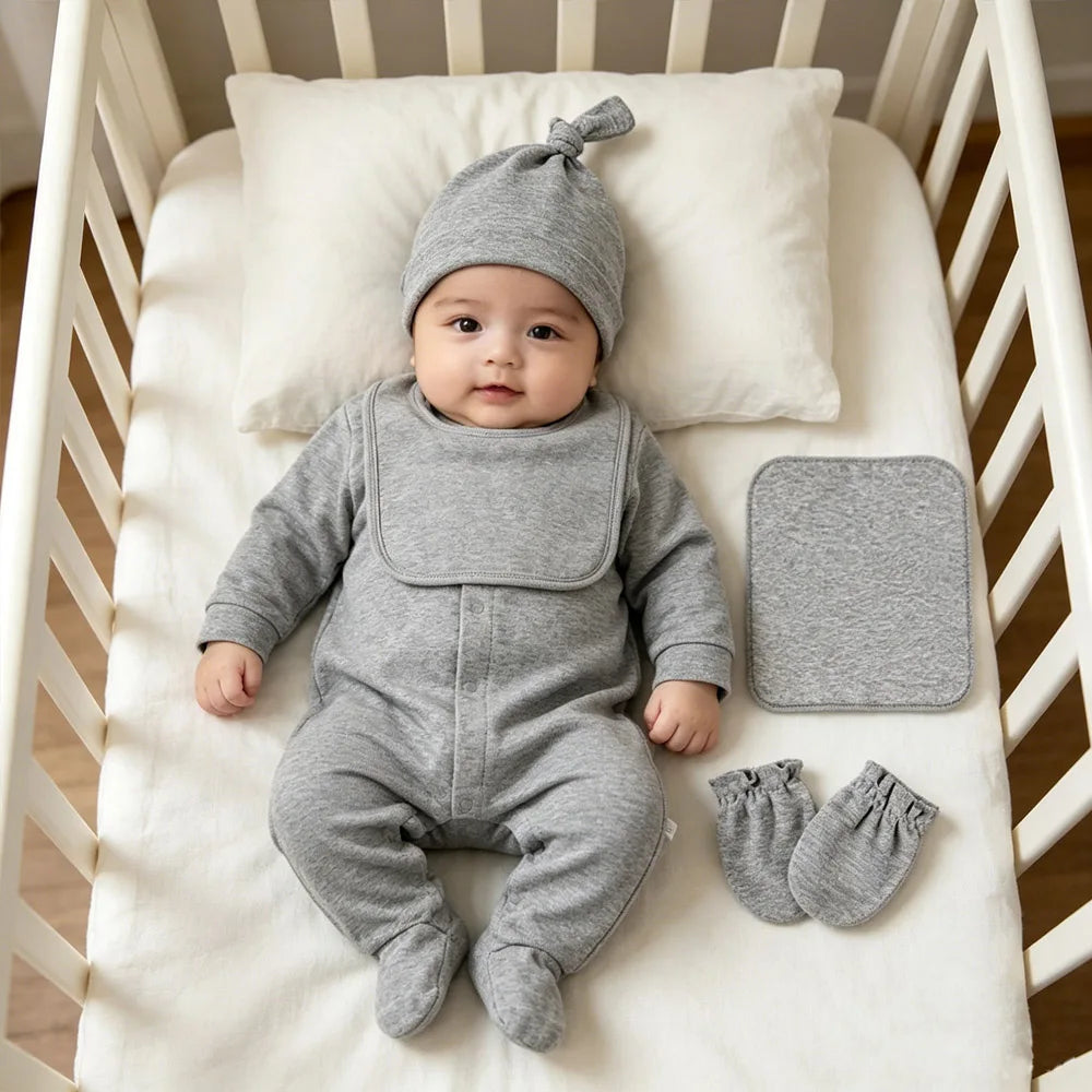Baby Outfits Boy Girl Newborn 0 to 3 6 9 12 Months Spring Winter Cute Soft Baby Onesie Jumpsuit+Bibs+Hat Cotton Baby Clothes Set