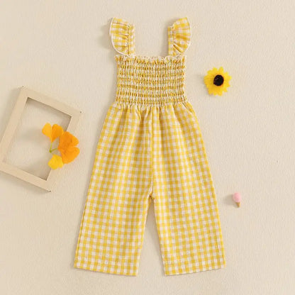 2025 Baby Girl Clothes Girl Cotton Overalls Ruffle Sleeve Strappy Gingham Checkered Romper Casual Loose Pants Outfit 0-4Y
