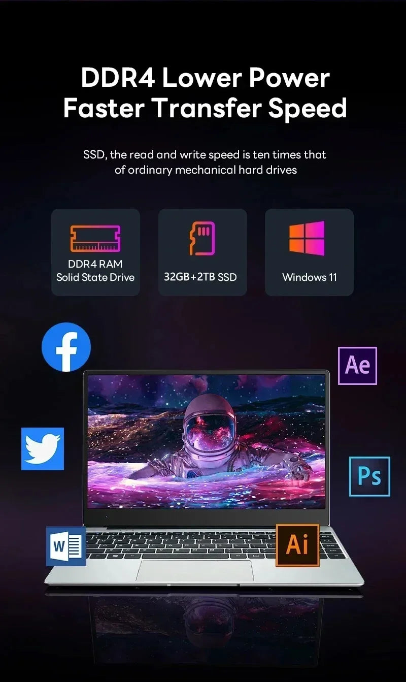 LENO HOT 14.1" Ultra Slim Laptop 32GB 2TB Intel Core i7 8650U Windows 11 Gaming Computer PC Gamer office Notebook 1920*1080 HD