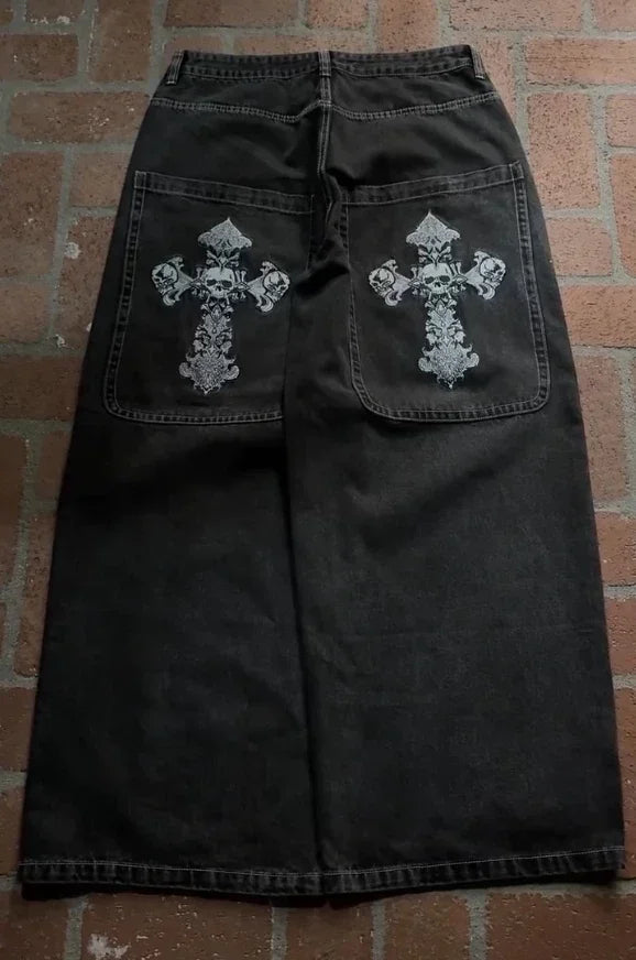 Gothic Halloween Scythe Grim Reaper Hip Hop Streetwear Jeans Men Women Retro Punk Print Traight Wide-leg Black Baggy Denim Pants
