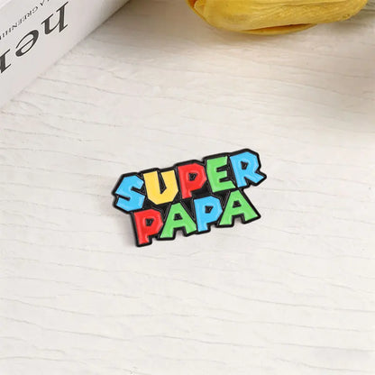 Super Papa Cartoon Enamel Pin Retro Video Game Colorful Block Letter Brooch Bag Lapel Badge Father's Day Jewelry Gift for Dad
