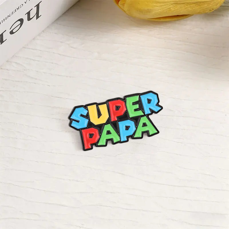 Super Papa Cartoon Enamel Pin Retro Video Game Colorful Block Letter Brooch Bag Lapel Badge Father's Day Jewelry Gift for Dad